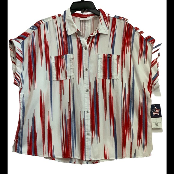 NWT Westbound Petites XL Red White Blue Short Sleeve Point Collar Button Blouse - Picture 2 of 11